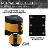 A retractable belt safety device shown from multiple angles on a white background with explanatory text. The product is black with a bold yellow band and silver metal mounting hardware.