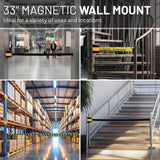 A 4-panel collage showing a 33-inch magnetic wall mount barrier installed in real environments: a hallway with people, a staircase with caution tape, a warehouse aisle with shelving, and a stairwell with a plant. Large text at the top reads '33" MAGNETIC WALL MOUNT' and 'Ideal for a variety of uses and locations.