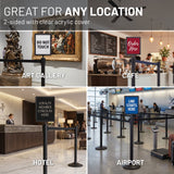 Acrylic sign stand with clear cover used in various locations including art gallery, cafe, hotel, and airport.