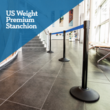 US Weight Premium Black Steel Stanchion with 7.5-Foot Retractable Belt Crowd Control Barrier