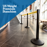 US Weight Premium Black Steel Stanchion with 7.5-Foot Retractable Belt Crowd Control Barrier