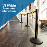 US Weight Premium Black Steel Stanchion with 7.5-Foot Retractable Belt Crowd Control Barrier