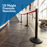 US Weight Premium Black Steel Stanchion with 7.5-Foot Retractable Belt Crowd Control Barrier