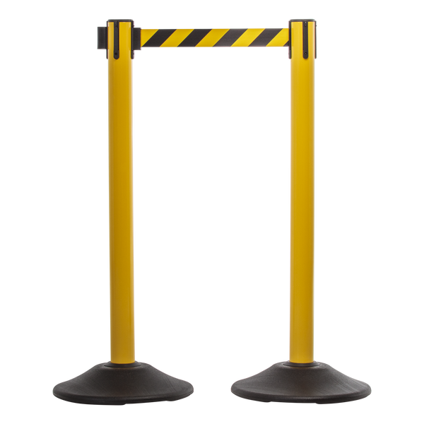 Yellow Steel Stanchion - Heavy Duty Crowd Control Barriers - Premium 7.5-Foot Retractable Safety Belt - Yellow/Black Striped - 2 Pack