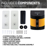 US Weight retractable belt assembly kit shown with included components on a white background, including two white wall plates, black mounting hardware, screws, washers, and the black-and-yellow belt housing assembly. Text at the top reads 'INCLUDED COMPONENTS' and a bulleted list details the contents.