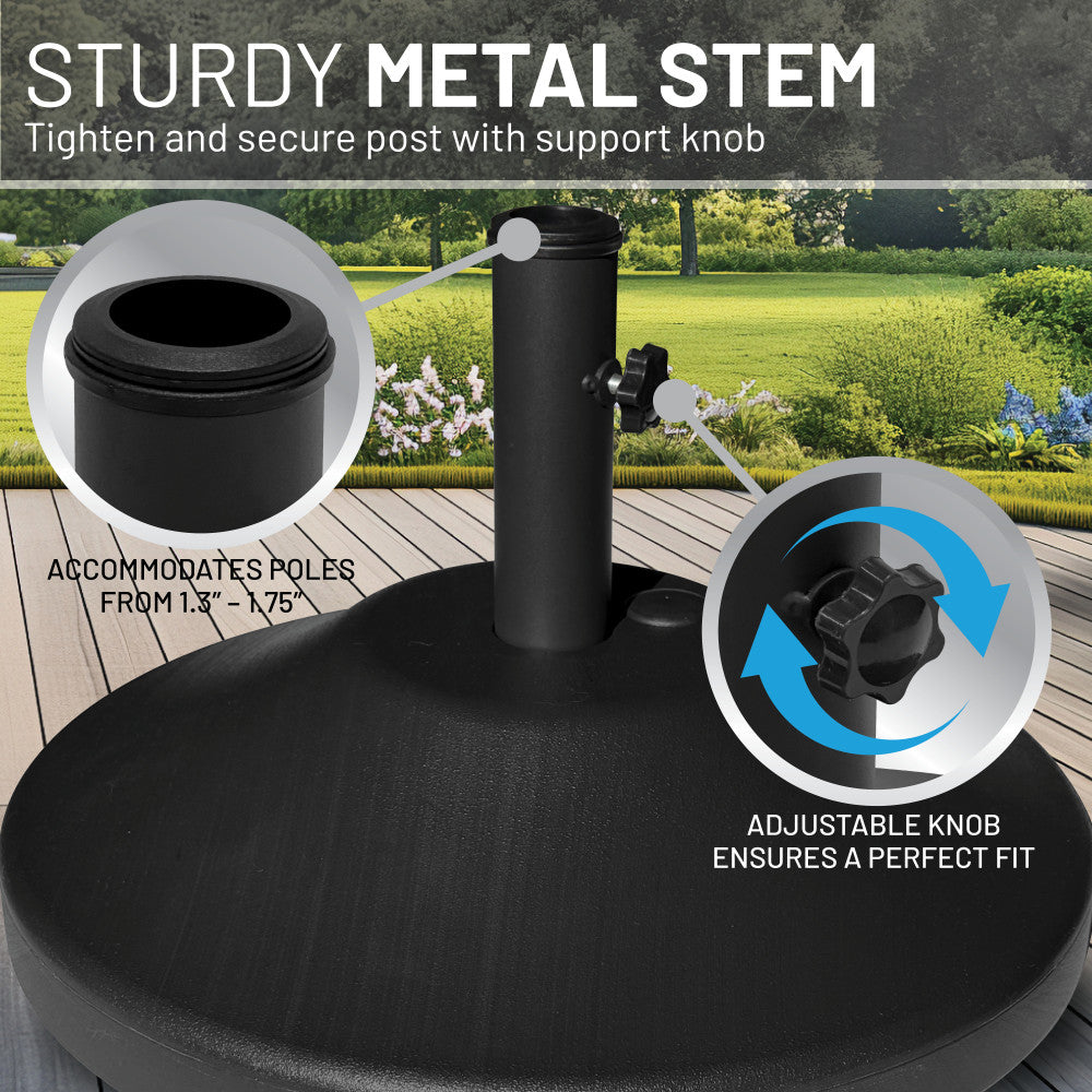 30 lb patio umbrella base US Weight lb. Fillable for Table Bronze This umbrella base measures 18 inch in diameter and is 11.42 inch tall with stem installed 30 lb. Metal (Magnesium Oxide)