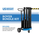 Rover Stanchion Cart Kit - 6 US Weight Black Premium Steel Stanchions with Yellow/Black Belts and Cart