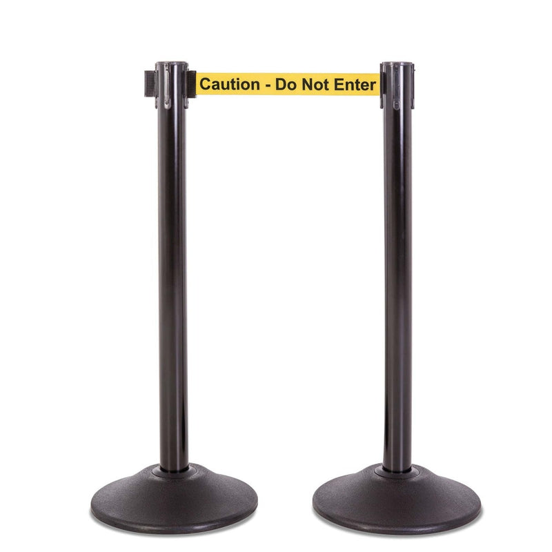 Black Premium Steel Stanchion - 7.5-Foot Retractable Yellow 'Caution' Belt - 2 Pack