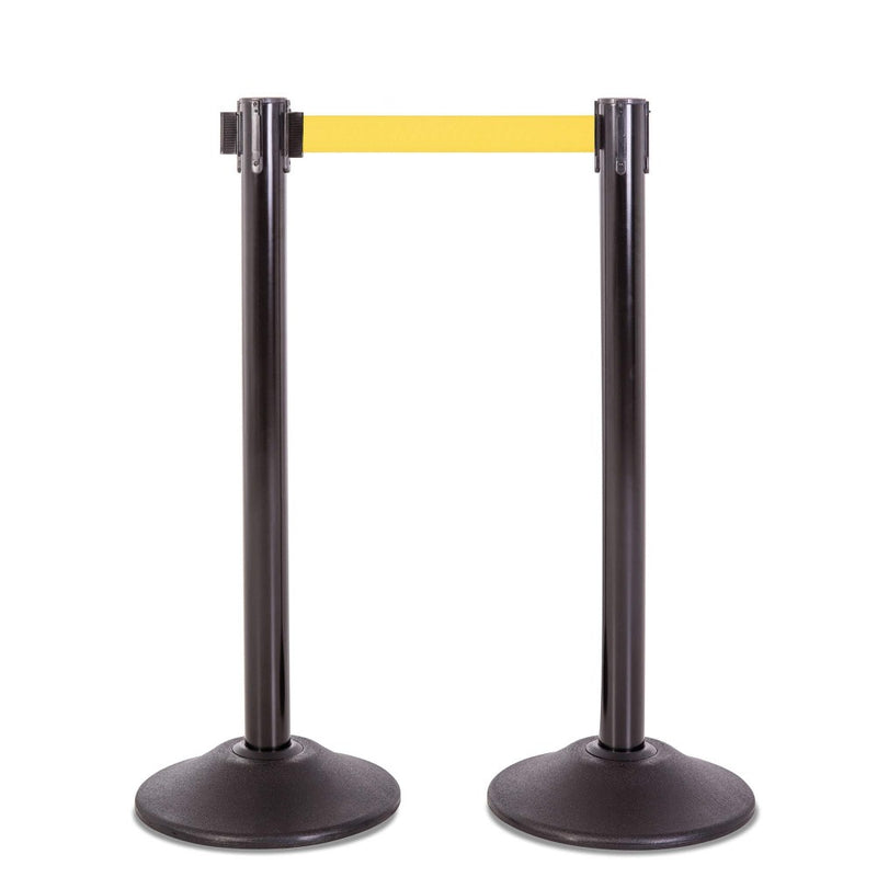 Black Premium Steel Stanchion - 7.5-Foot Retractable Yellow Belt - 2 Pack