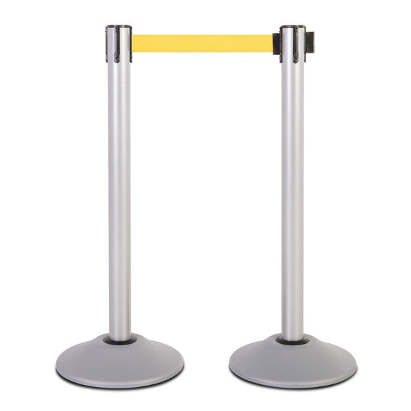 Silver Premium Steel Stanchion - 7.5-Foot Retractable Yellow Belt - 2 Pack