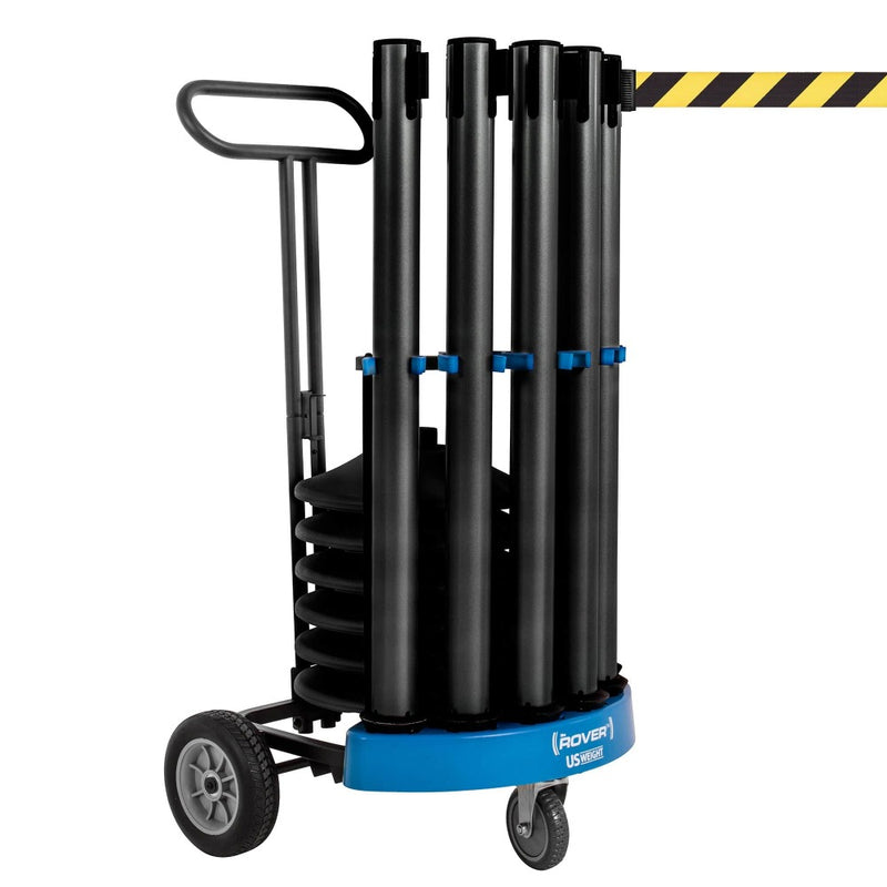 Rover Stanchion Cart Kit - 6 US Weight Black Premium Steel Stanchions with Yellow/Black Belts and Cart